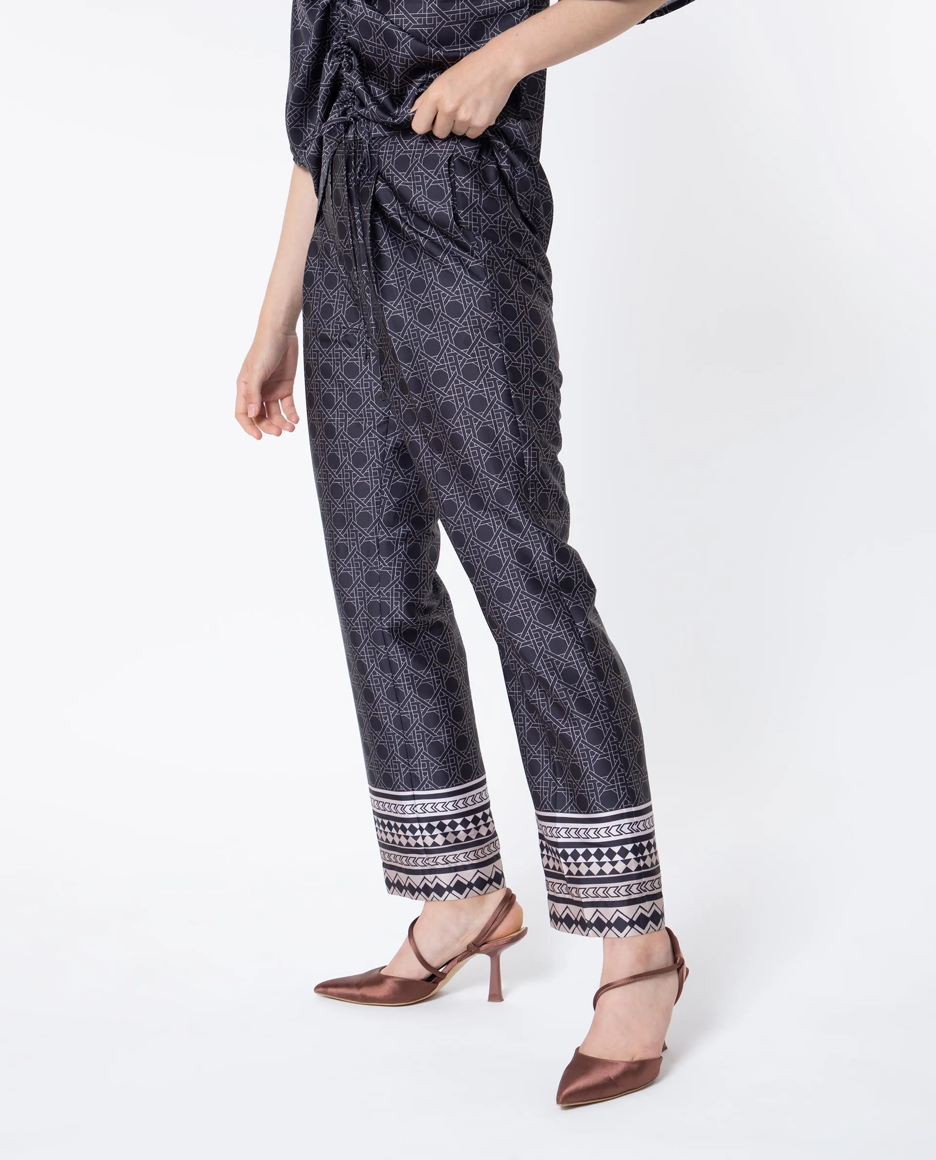 Rareism Women Sepiat Dark Black Polyester Fabric Relaxed Fit Geometric Print Ankle Length Trousers