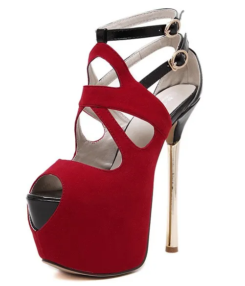 Red Suede Peeptoe Ankle Straps Stiletto Sandals