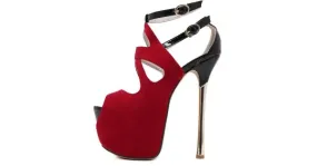 Red Suede Peeptoe Ankle Straps Stiletto Sandals