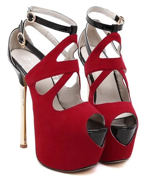 Red Suede Peeptoe Ankle Straps Stiletto Sandals