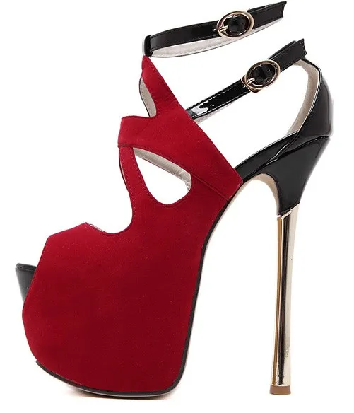 Red Suede Peeptoe Ankle Straps Stiletto Sandals