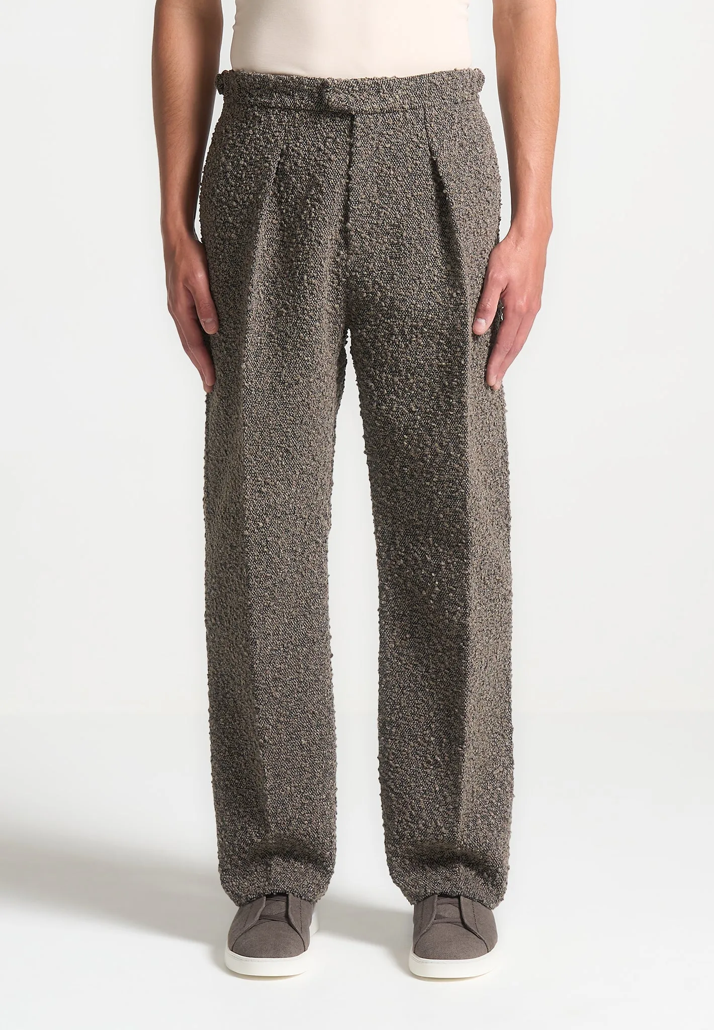 Relaxed Fit Boucle Pleated Tailored Trousers - Brown