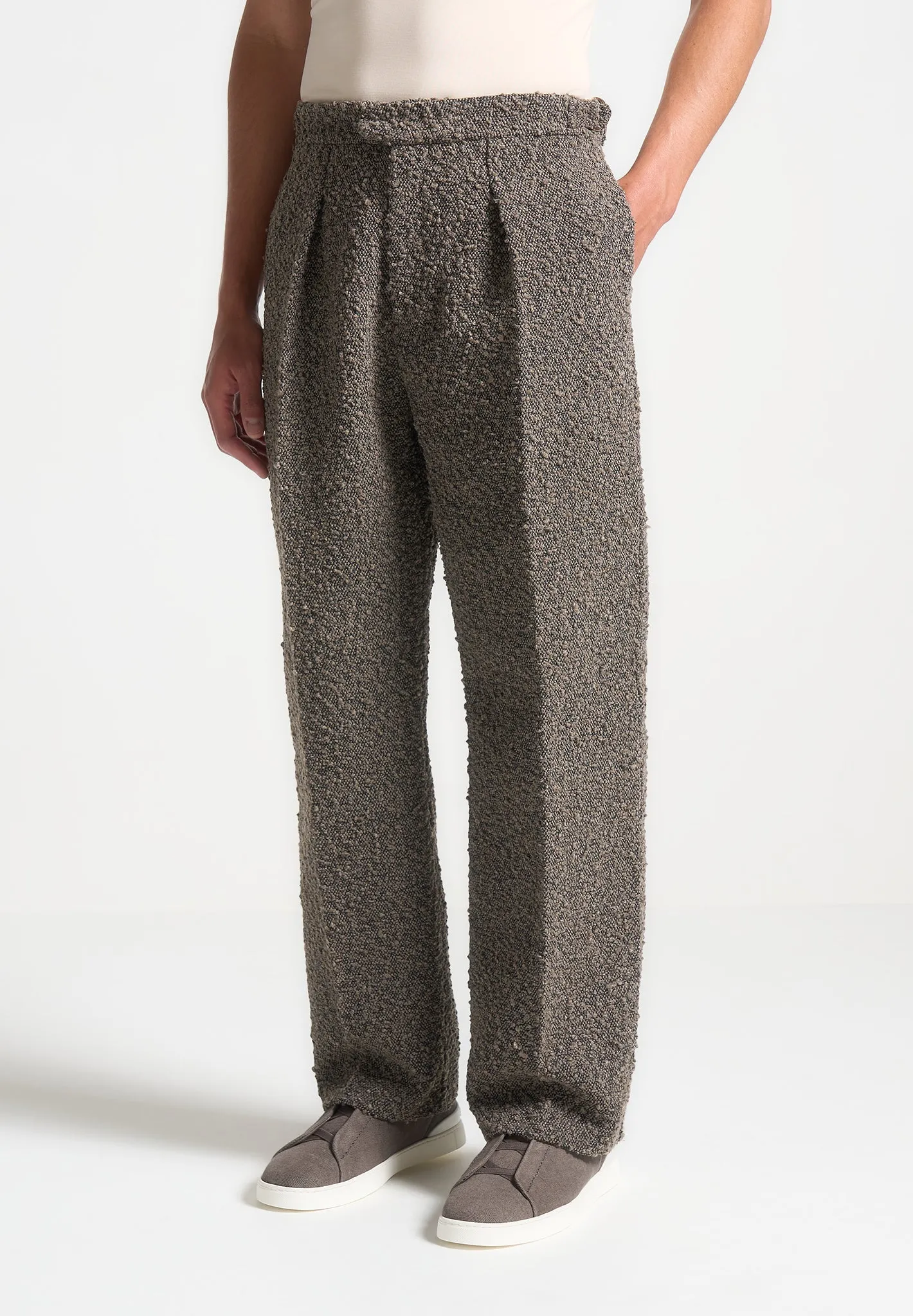 Relaxed Fit Boucle Pleated Tailored Trousers - Brown