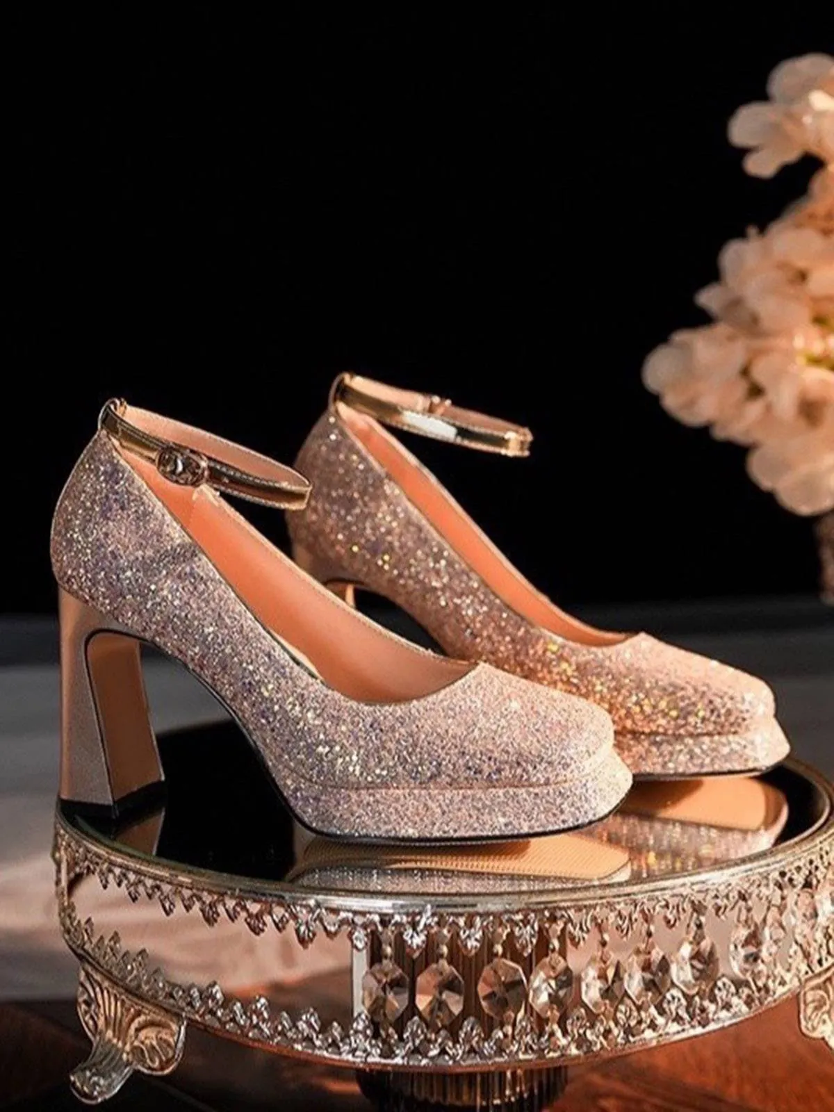 Retro Mary Jane Glitter Platform Chuny Heels