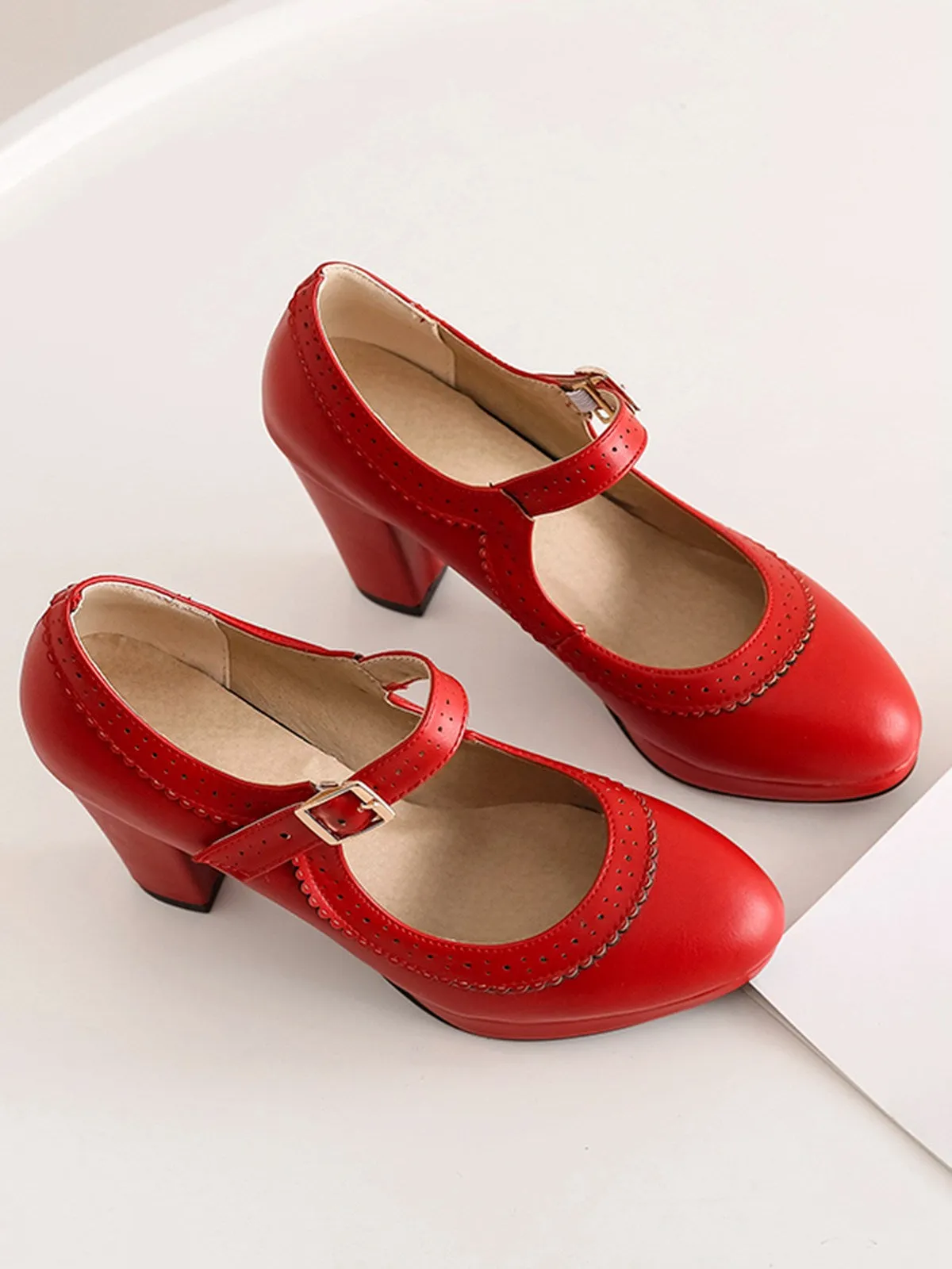 Retro Mary Jane Leather Chuny Heels