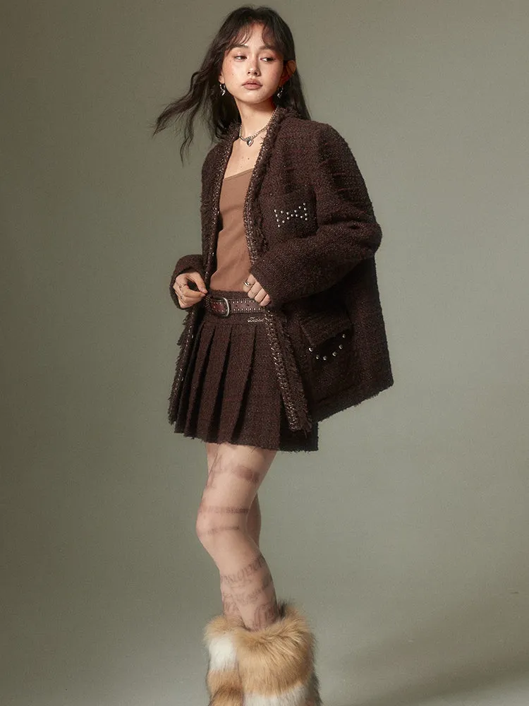 Rivet Glitter Tweed No-Collar Jacket ＆ Pleated Skirt