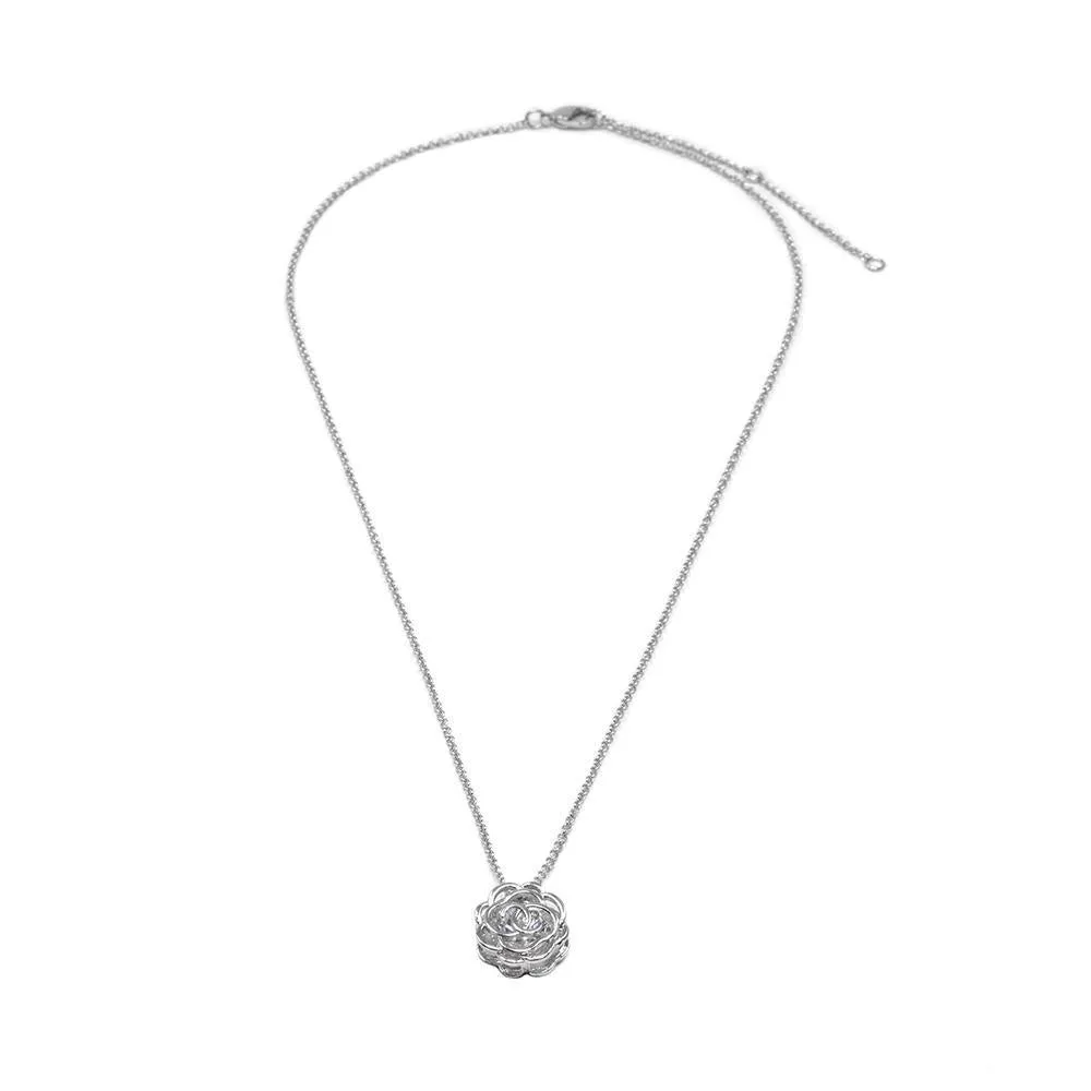 Rose Pendant Necklace with Rhodium Plated Cubic Zirconia