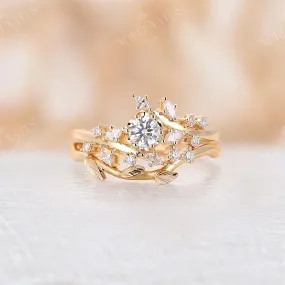 Round Moissanite Leaf Design Bridal set Yellow Gold