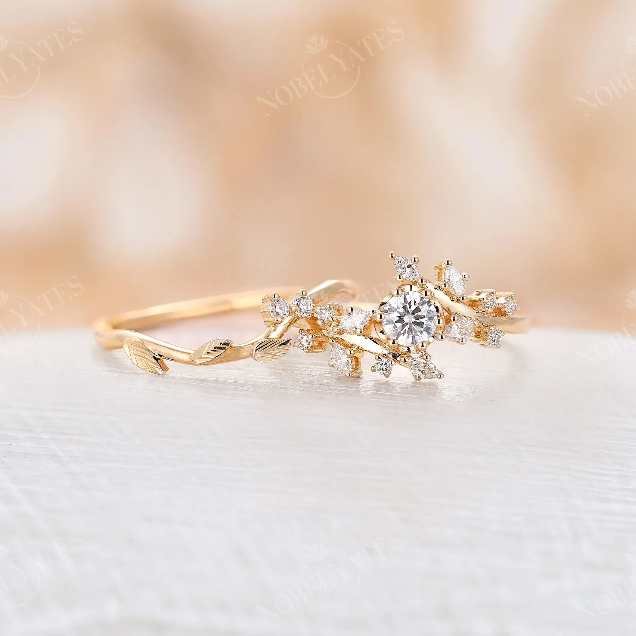 Round Moissanite Leaf Design Bridal set Yellow Gold