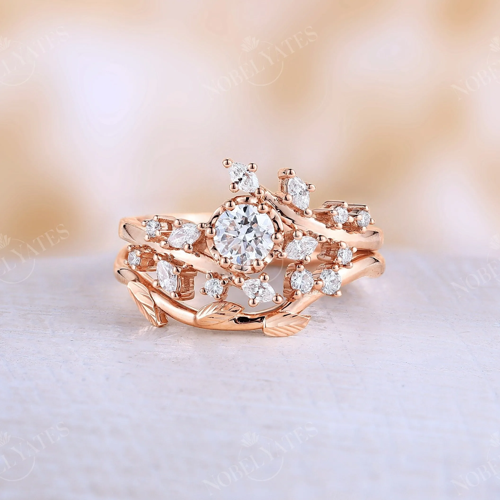 Round Moissanite Leaf Design Bridal set Yellow Gold