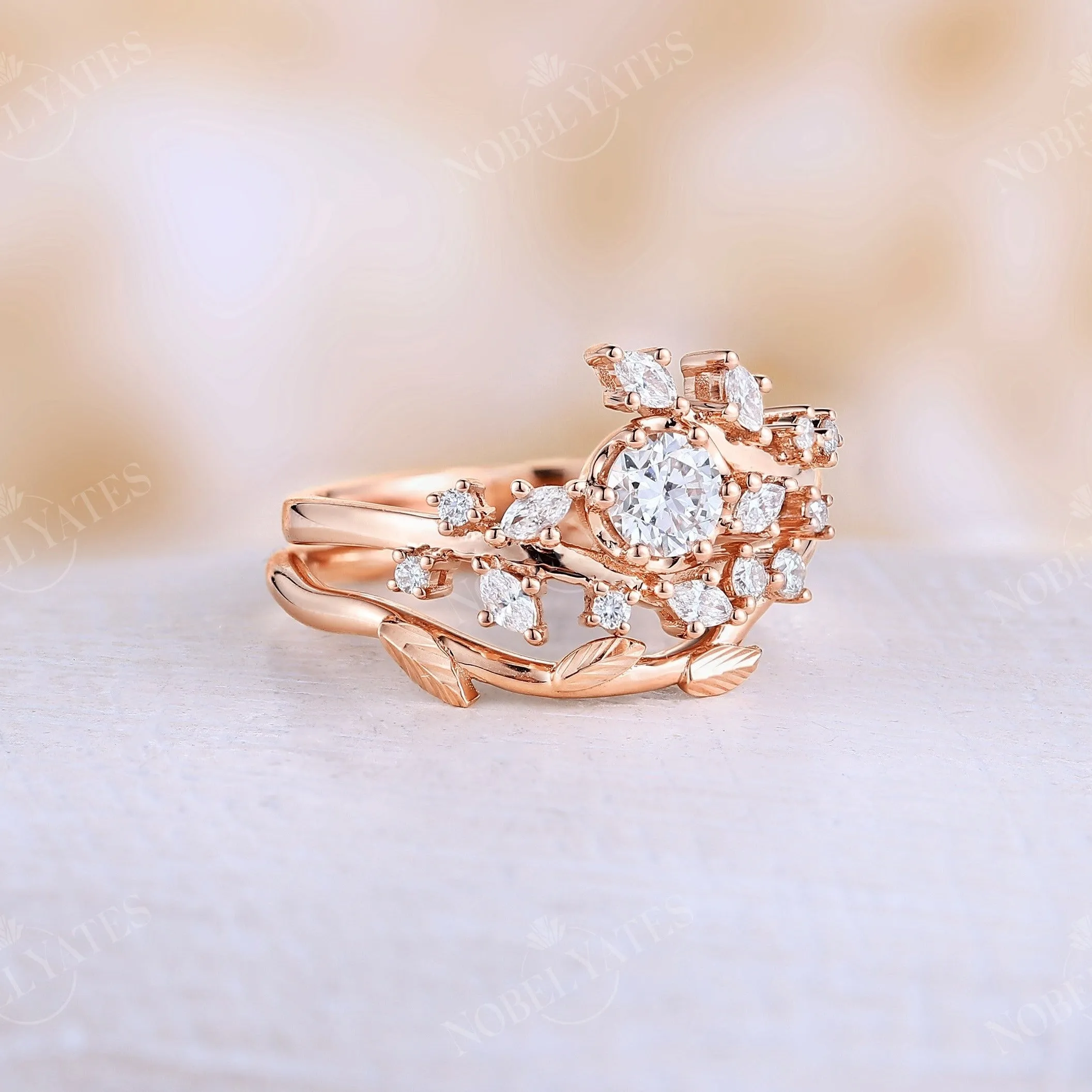 Round Moissanite Leaf Design Bridal set Yellow Gold