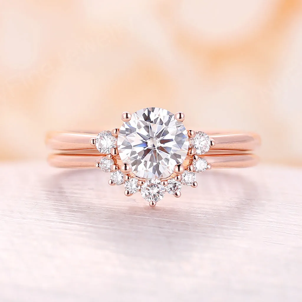 Round Moissanite Rose Gold Three Stone Bridal Set