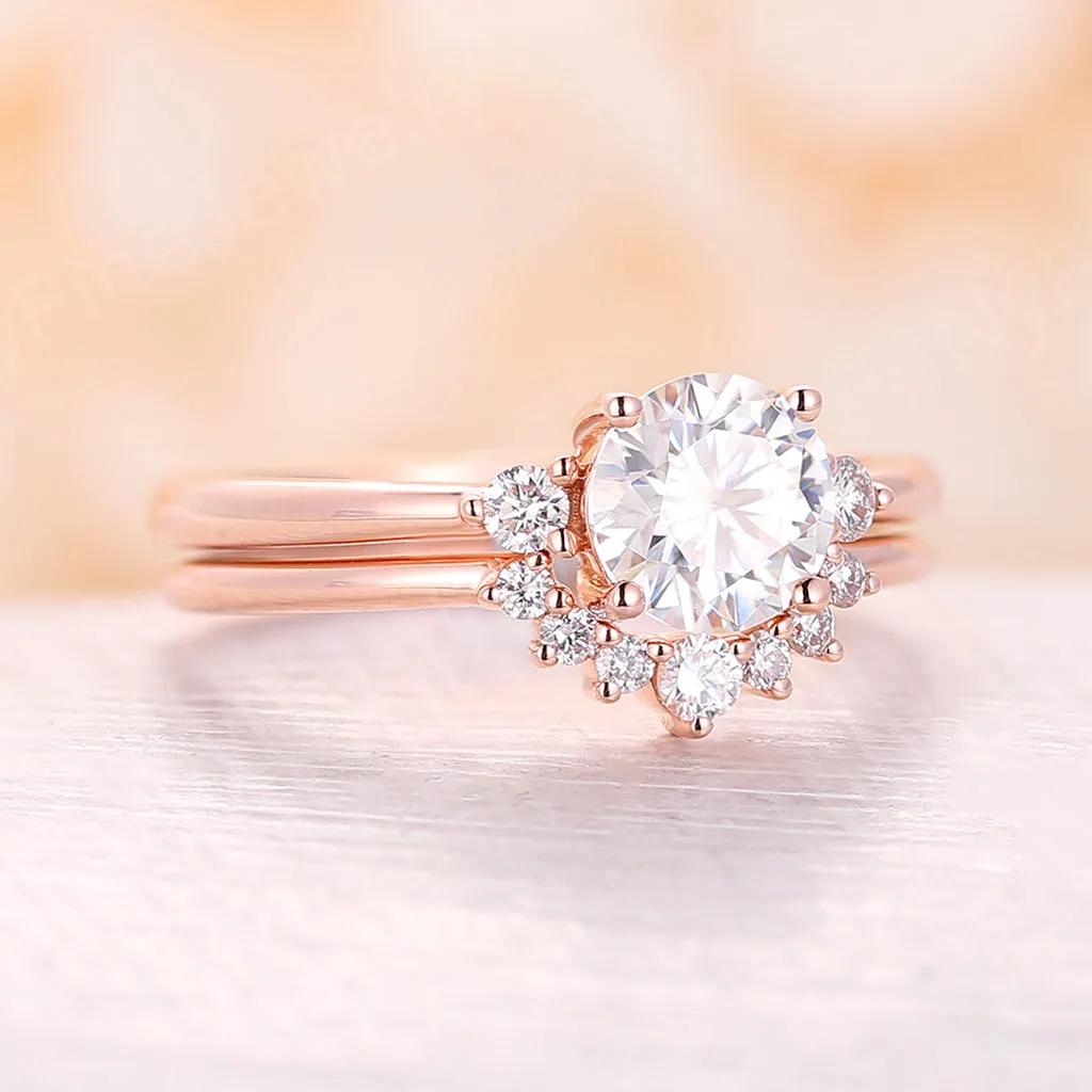 Round Moissanite Rose Gold Three Stone Bridal Set