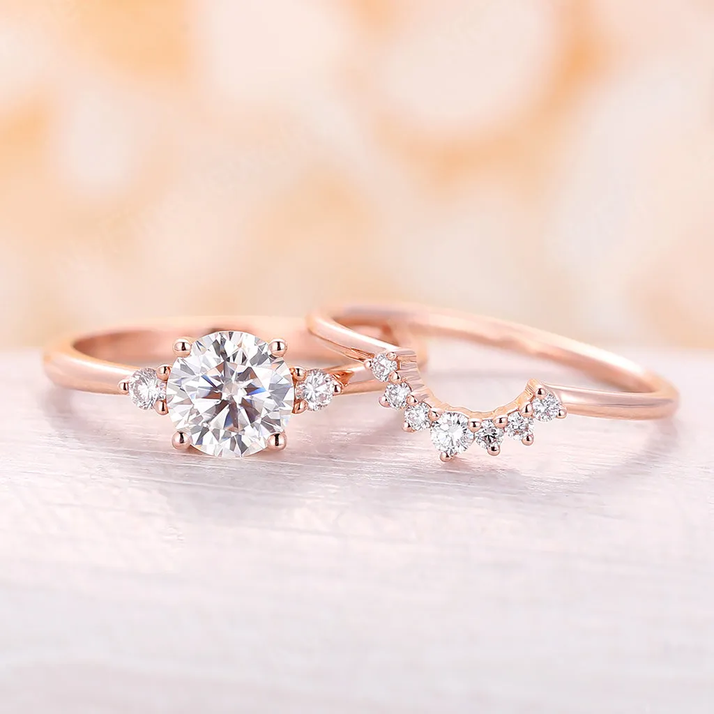 Round Moissanite Rose Gold Three Stone Bridal Set