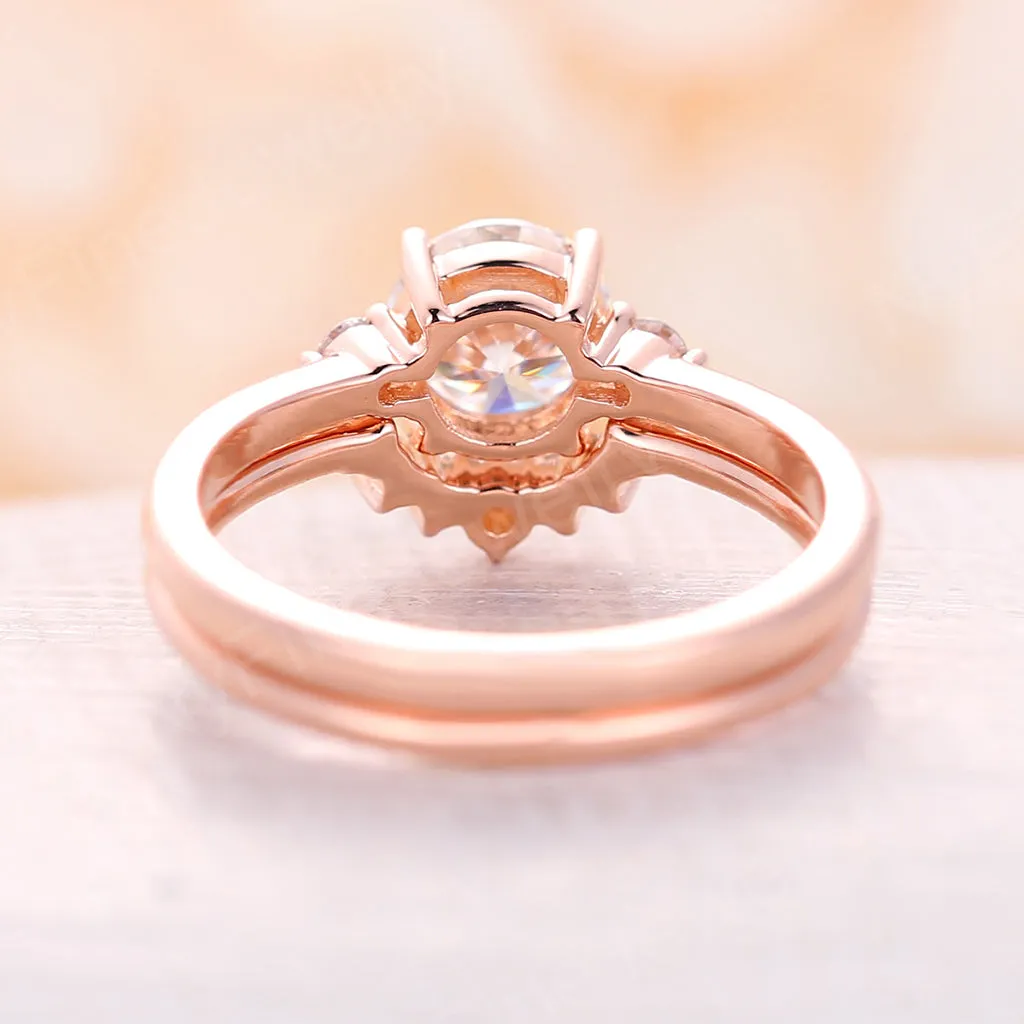 Round Moissanite Rose Gold Three Stone Bridal Set