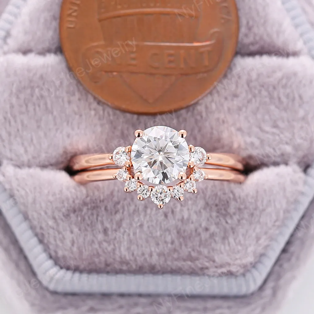 Round Moissanite Rose Gold Three Stone Bridal Set