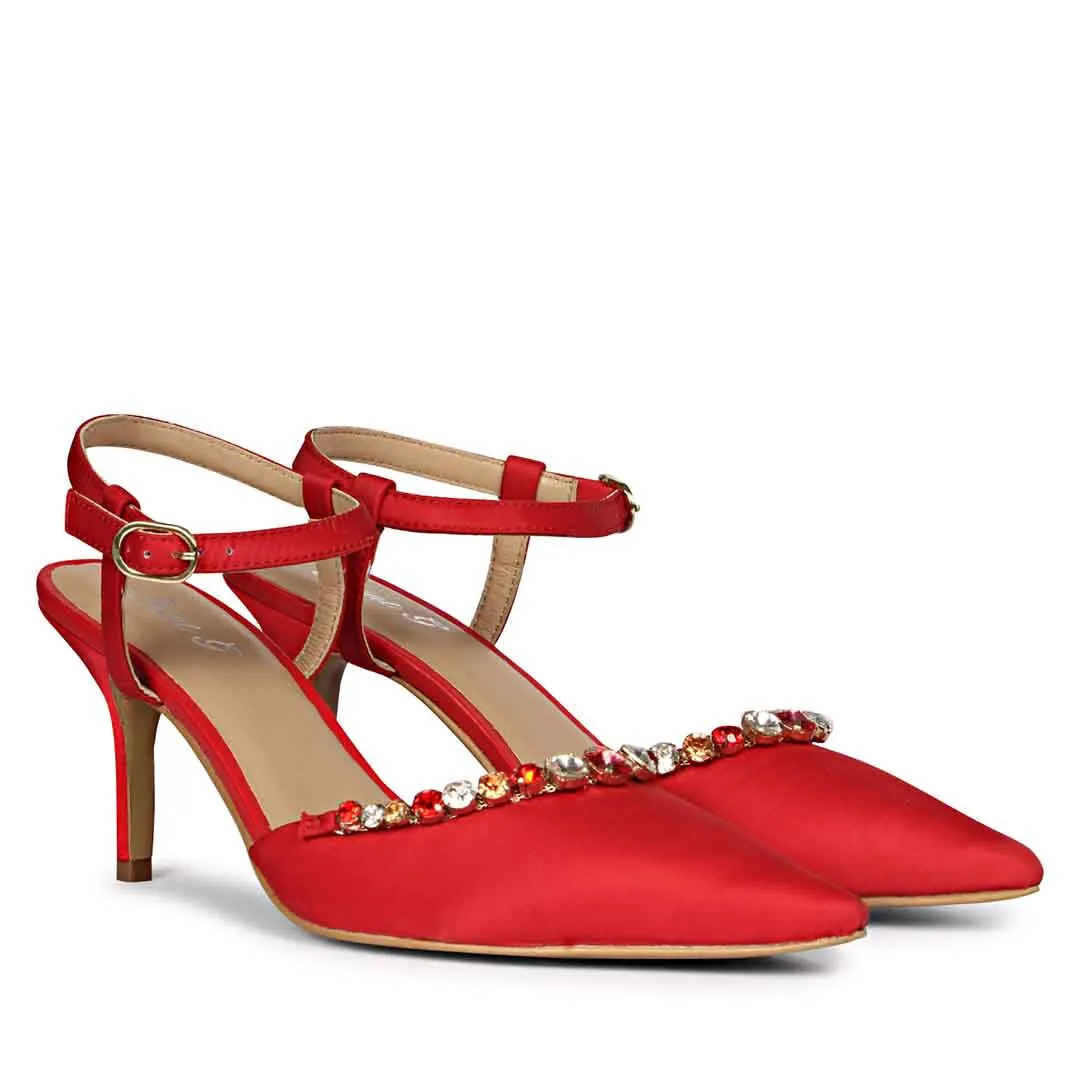 Saint Leila Multi Stone Embellished Red Nylon Fabric Pumps