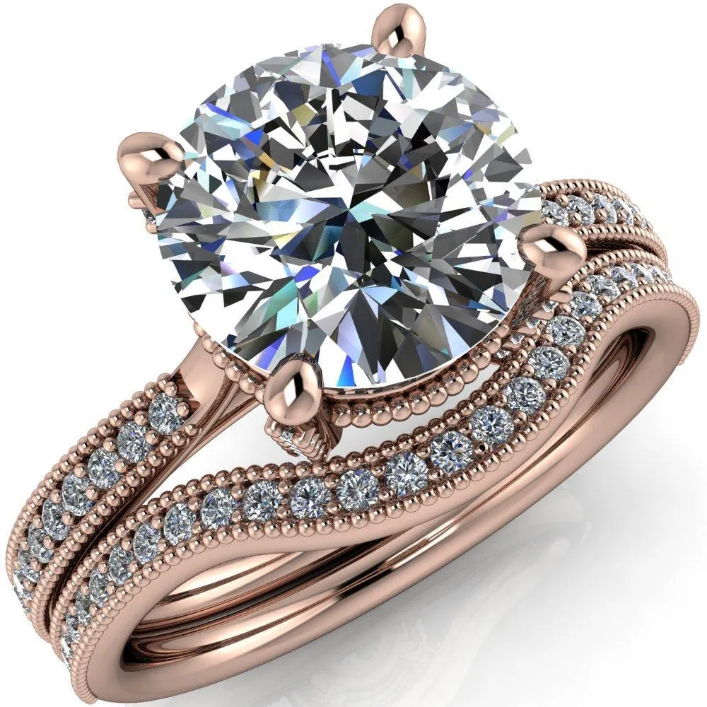 Scarlett Round Center Stone Custom Milgrain with Diamond Channel Set and 4 Prong Ring