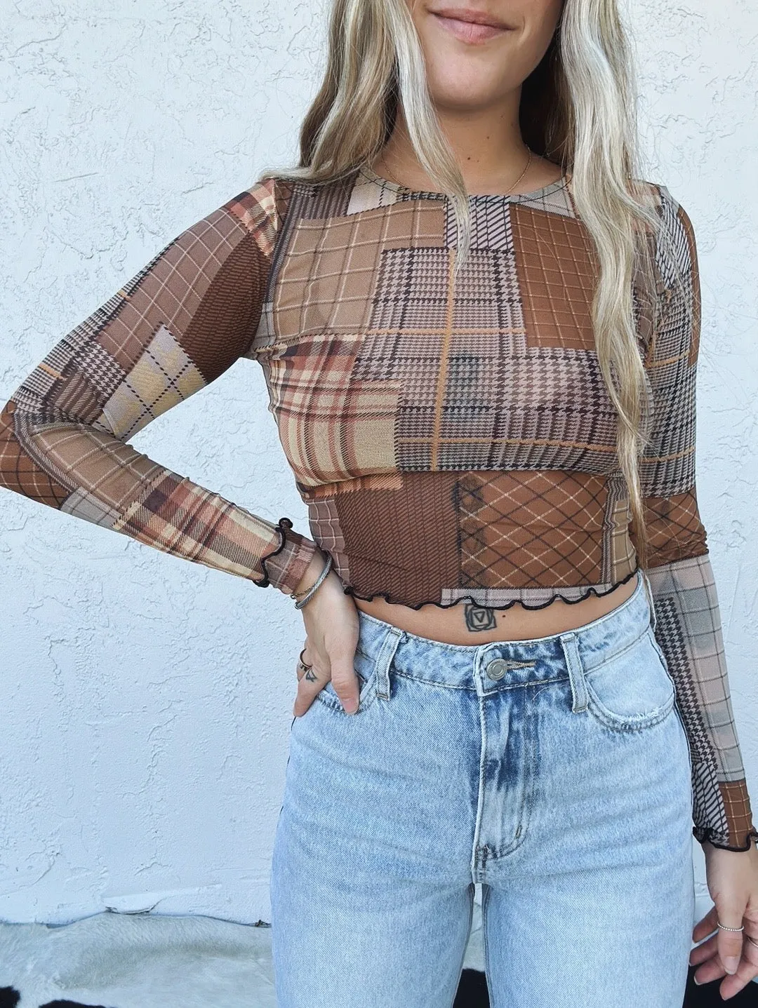 School Girl Plaid Sheer Mesh Top