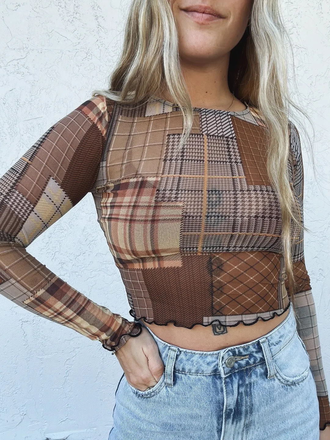 School Girl Plaid Sheer Mesh Top