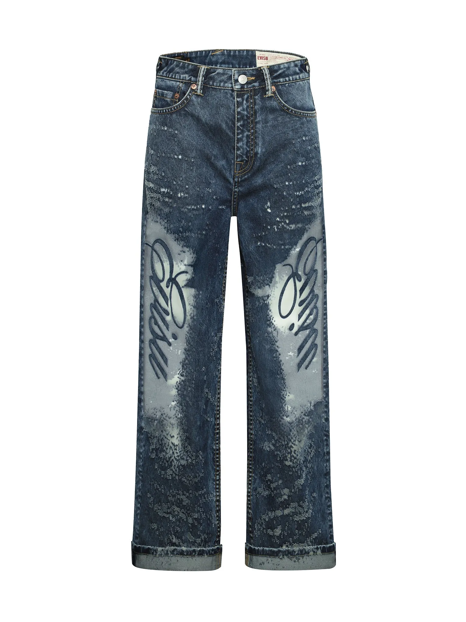 Seagull Embroidery and Laser-burned Wide-leg Jeans