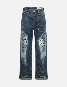 Seagull Embroidery and Laser-burned Wide-leg Jeans