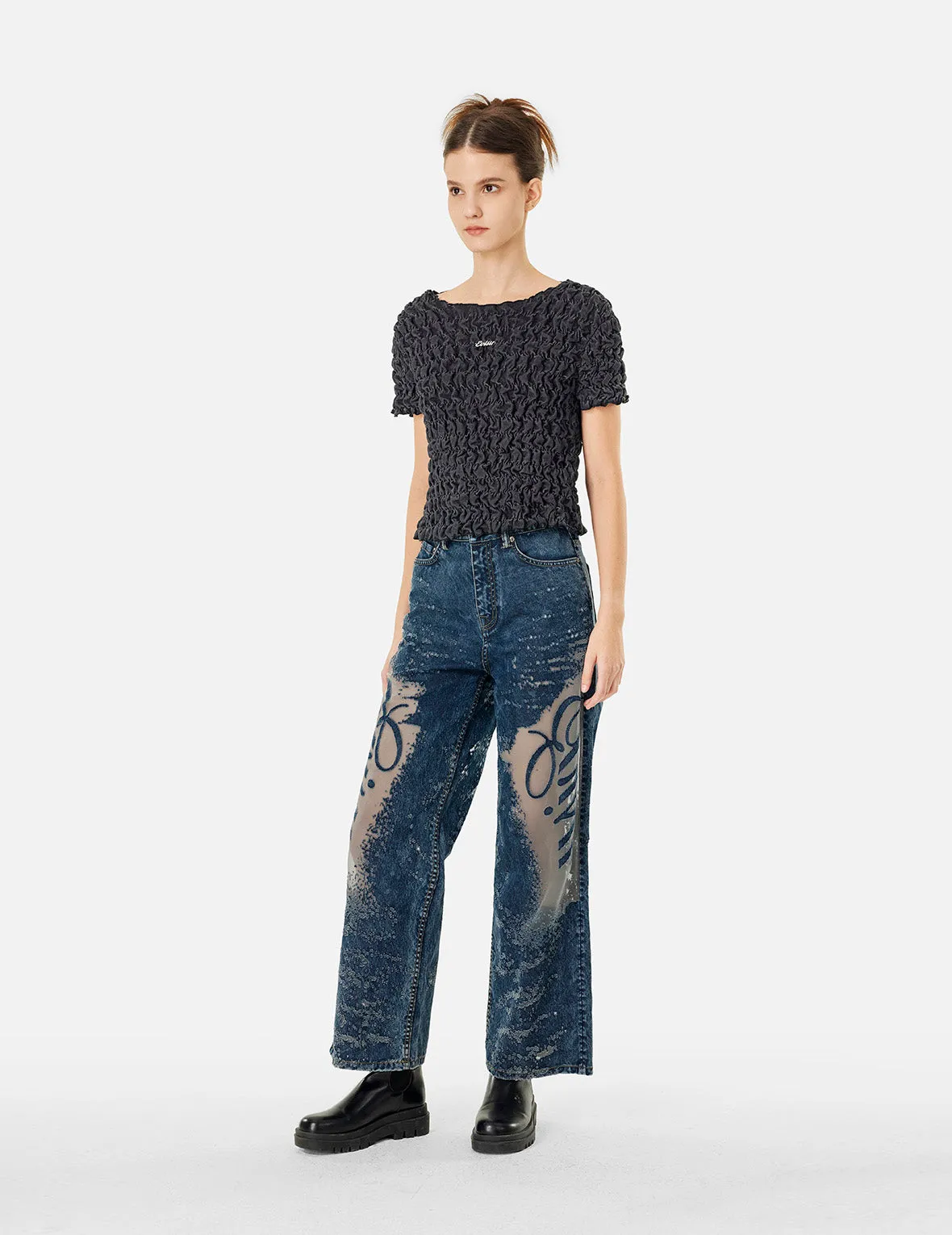 Seagull Embroidery and Laser-burned Wide-leg Jeans