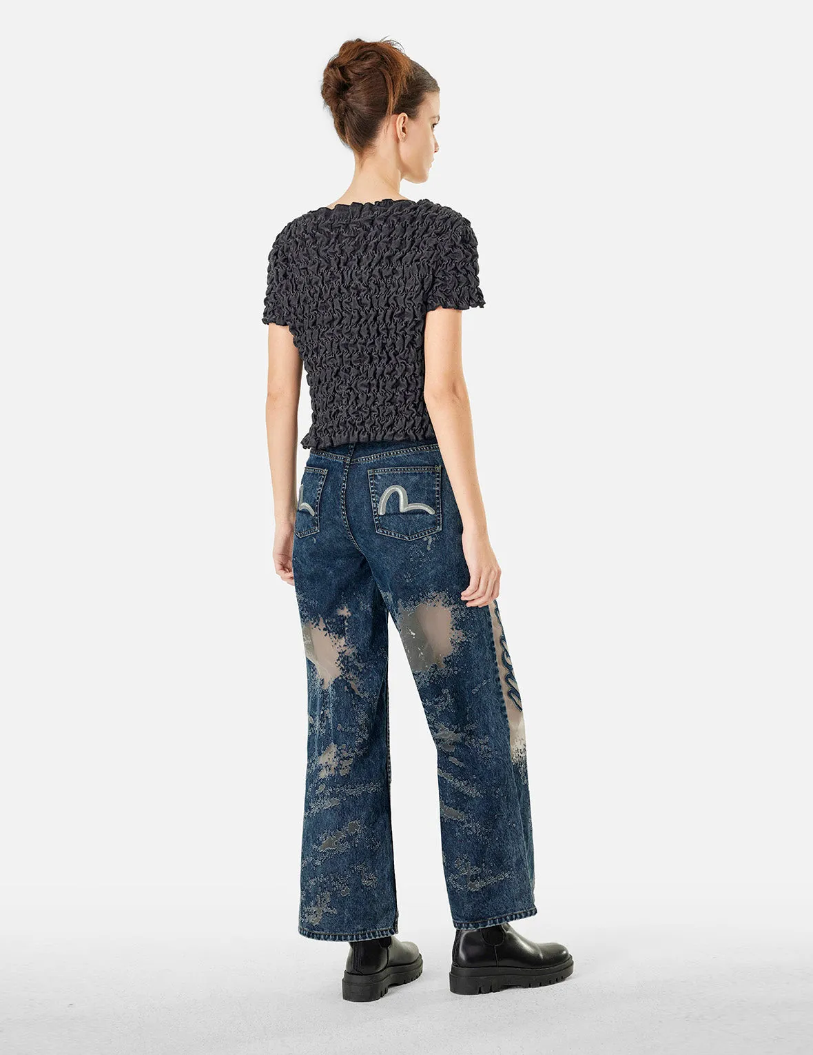 Seagull Embroidery and Laser-burned Wide-leg Jeans