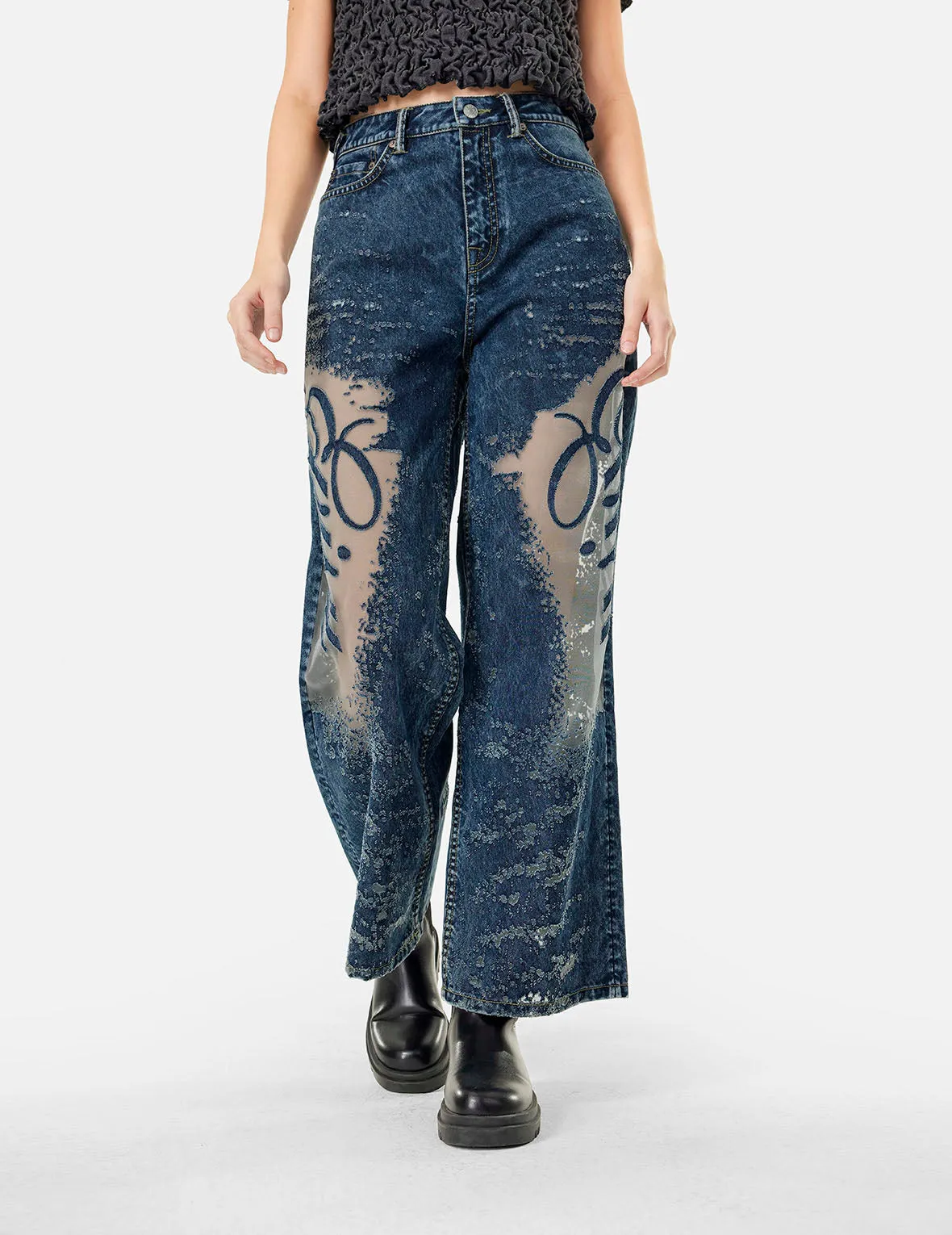 Seagull Embroidery and Laser-burned Wide-leg Jeans