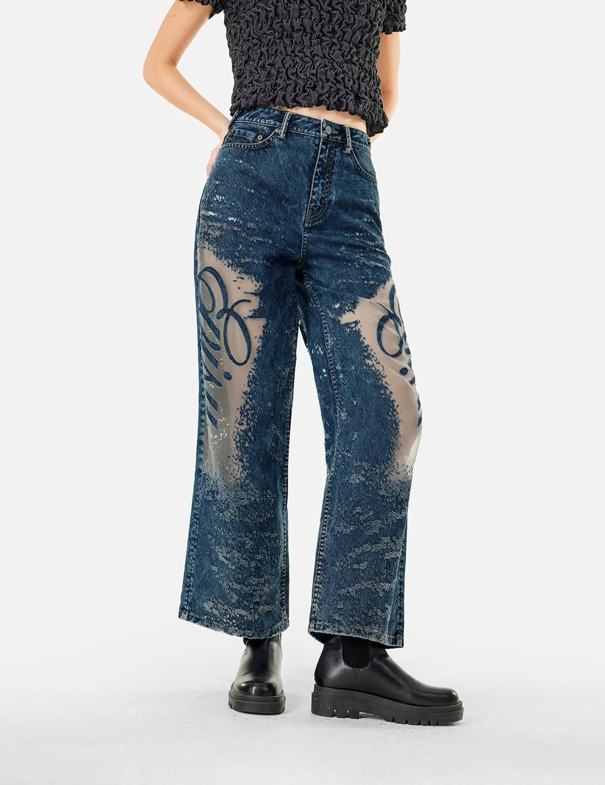 Seagull Embroidery and Laser-burned Wide-leg Jeans