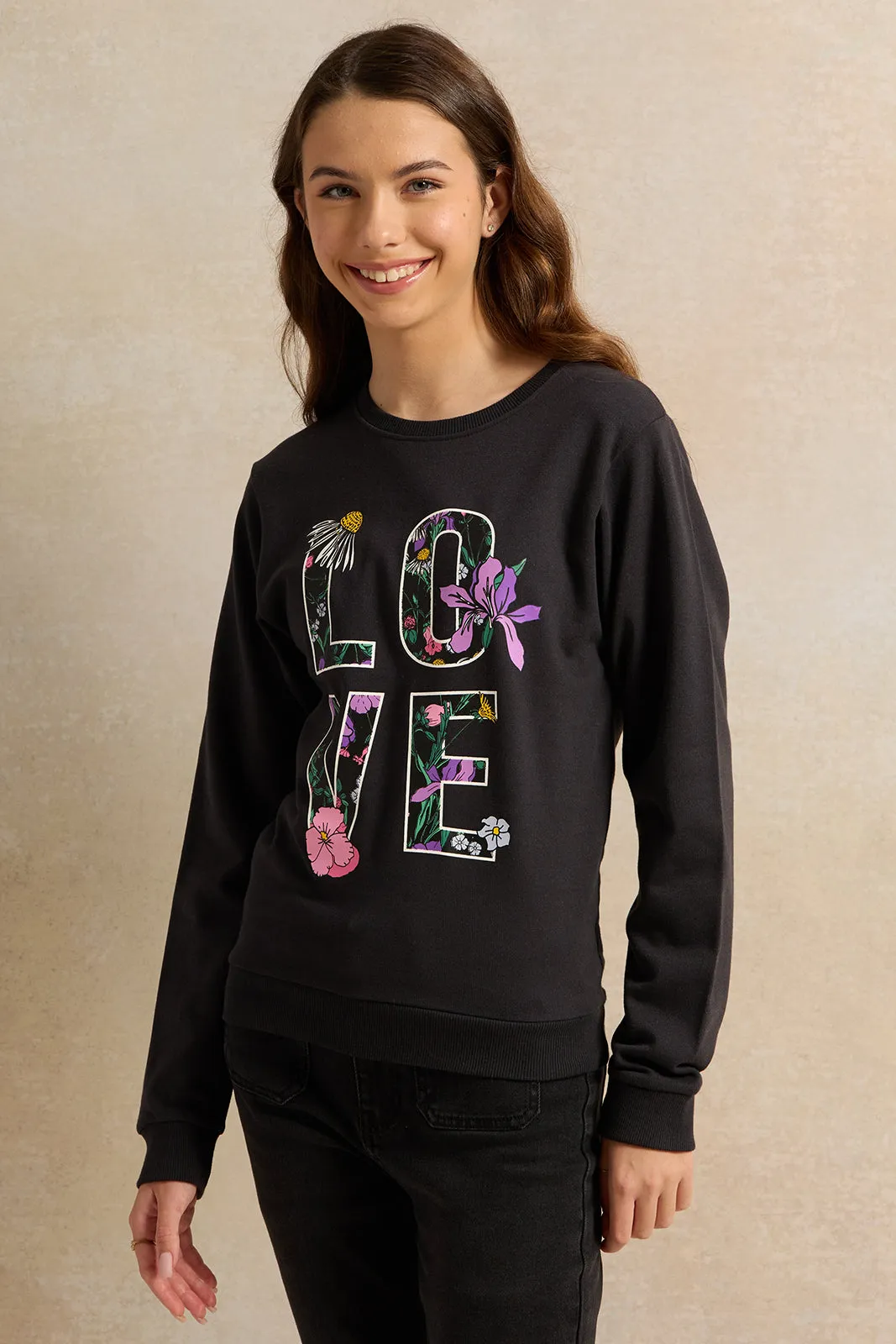 Senior Girls Black Ditsy Floral Sweatshirt