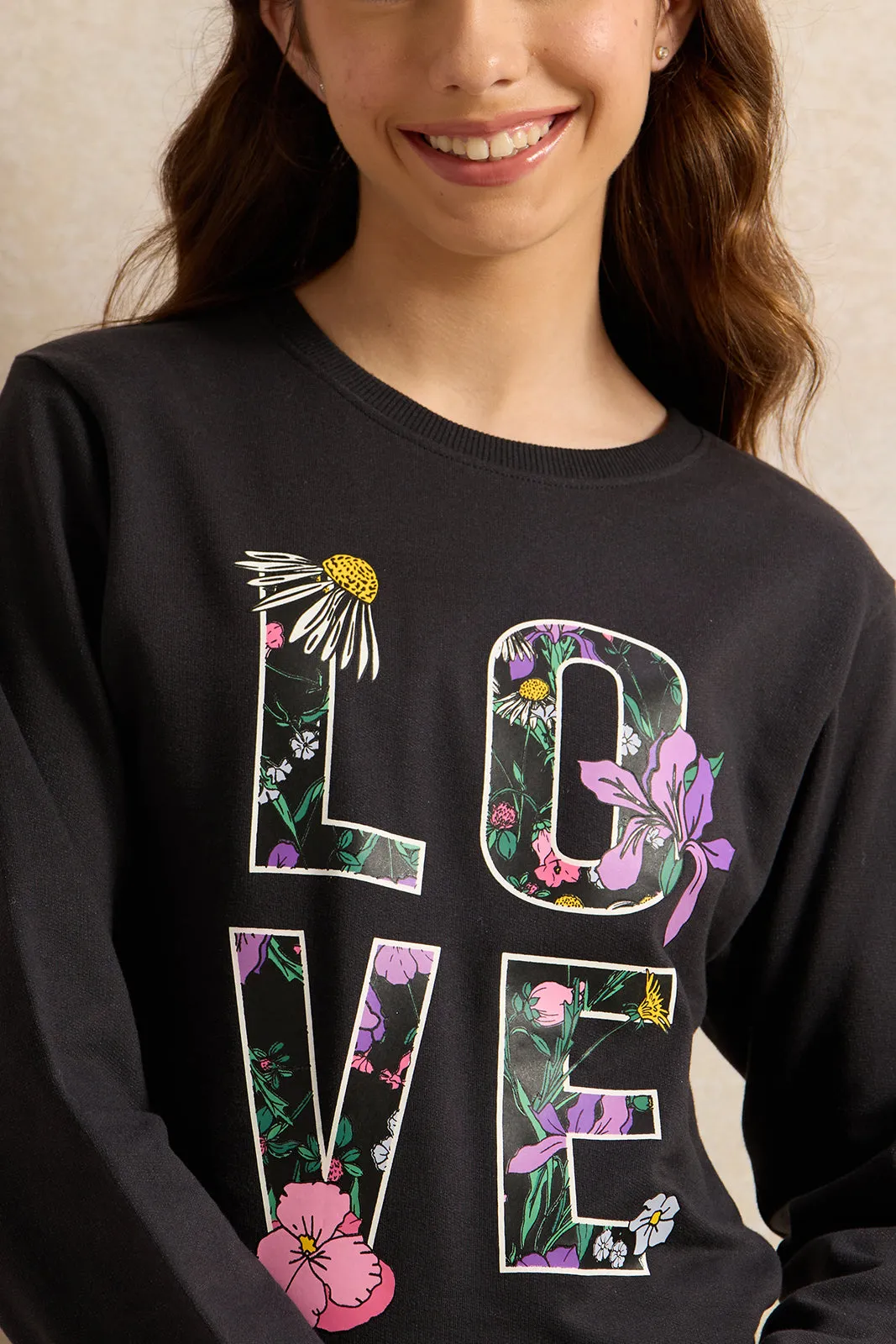 Senior Girls Black Ditsy Floral Sweatshirt