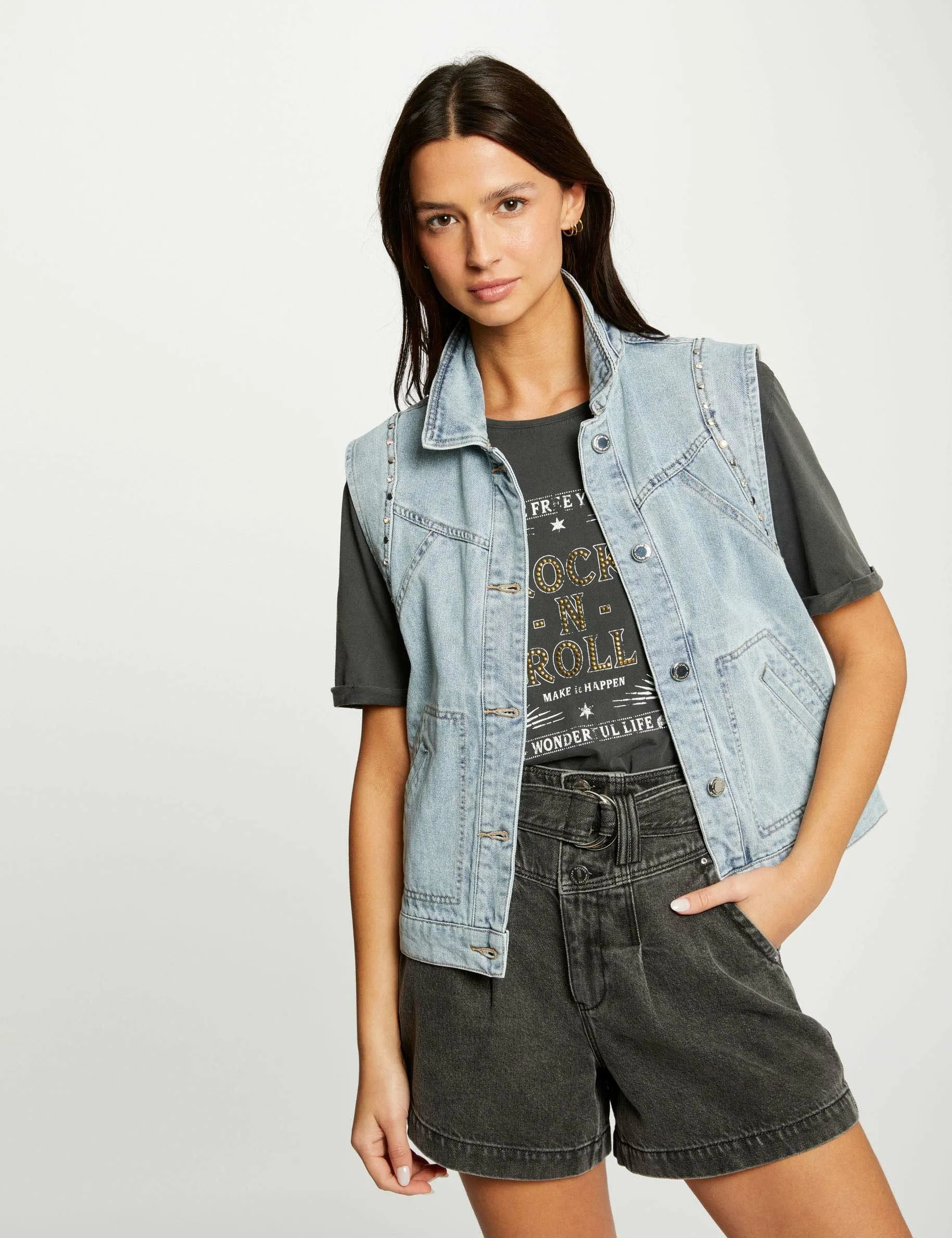 Sleeveless denim jacket jean bleached women