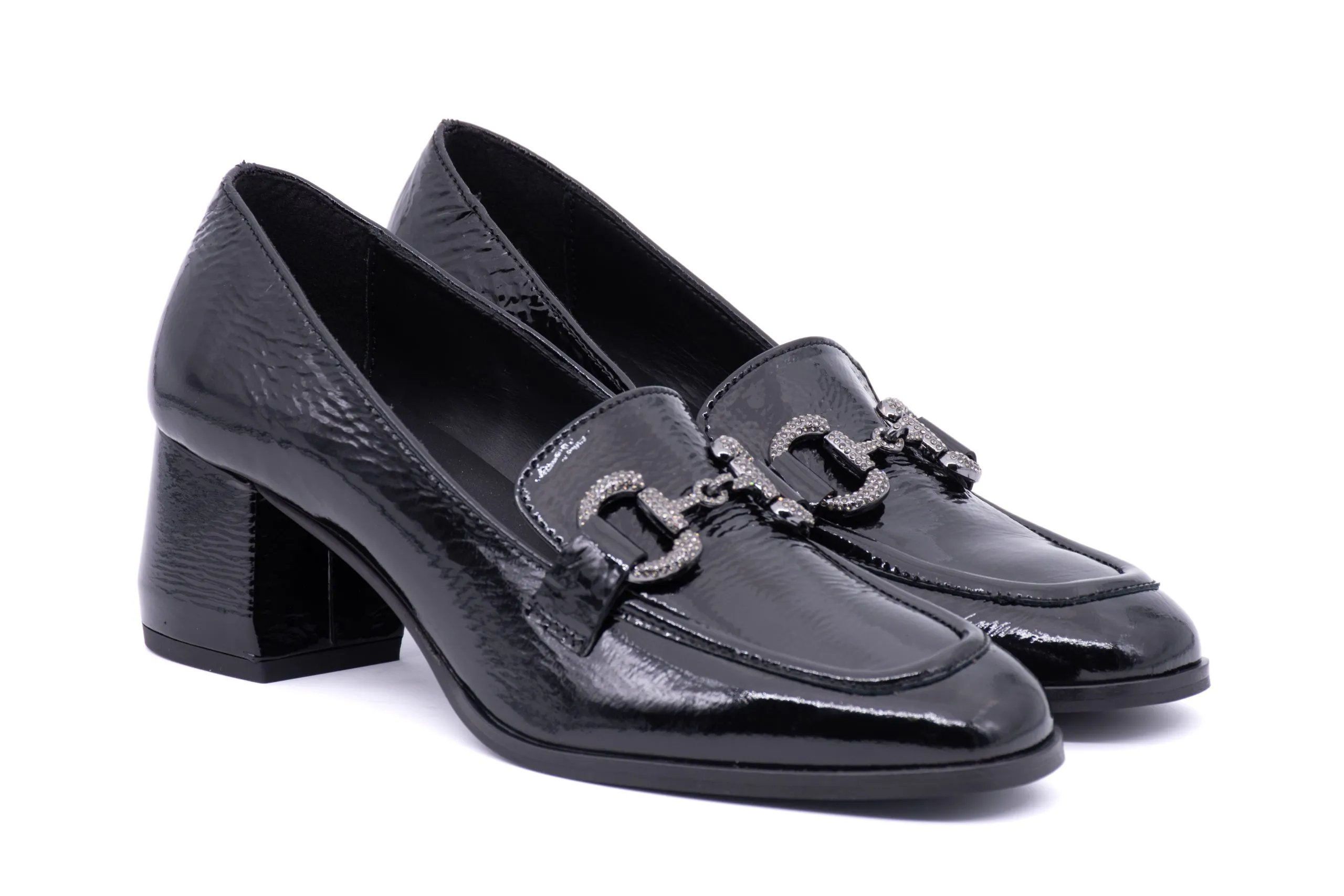 Soft Patent Leather Pumps with Rhinestone Embellishment