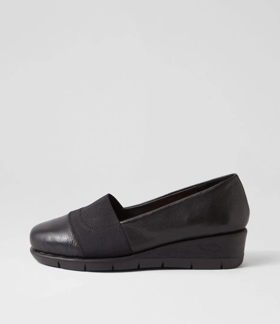 Black Leather Elastic Wedges