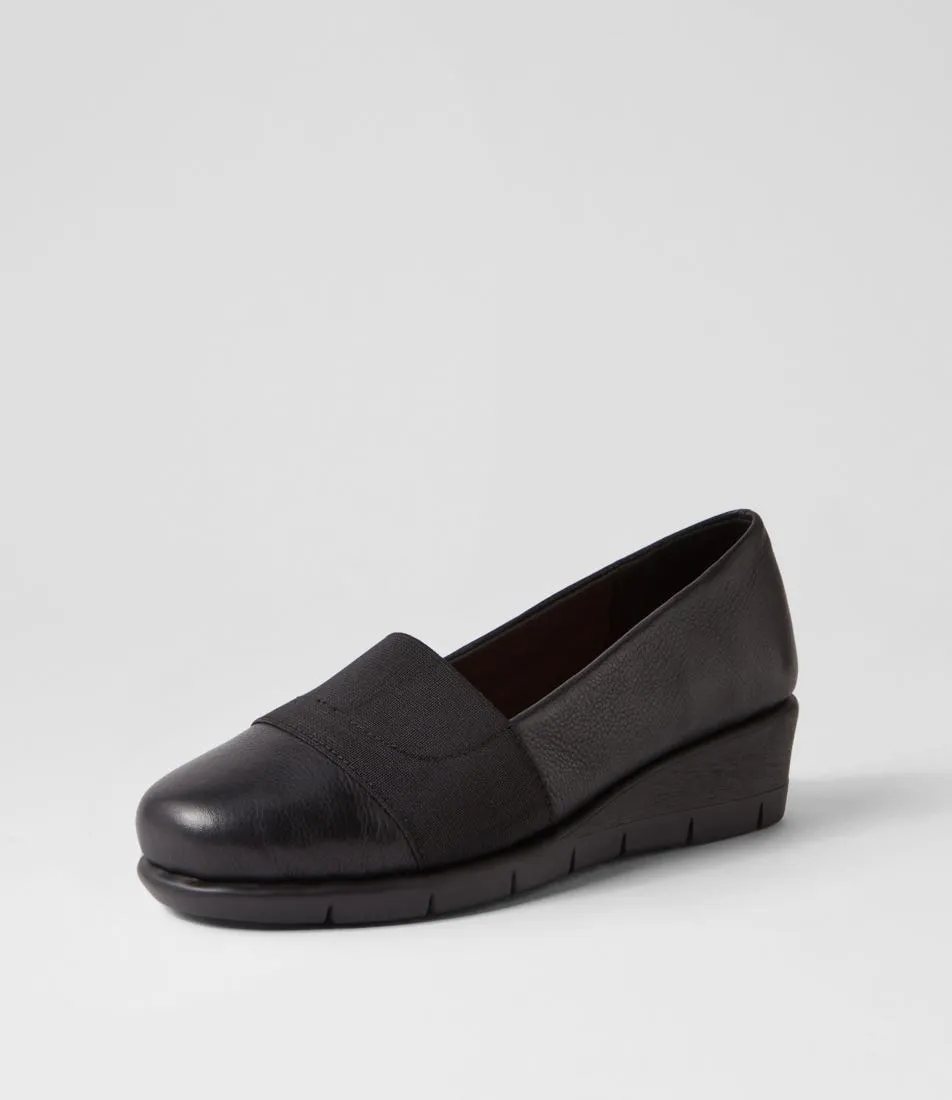 Black Leather Elastic Wedges