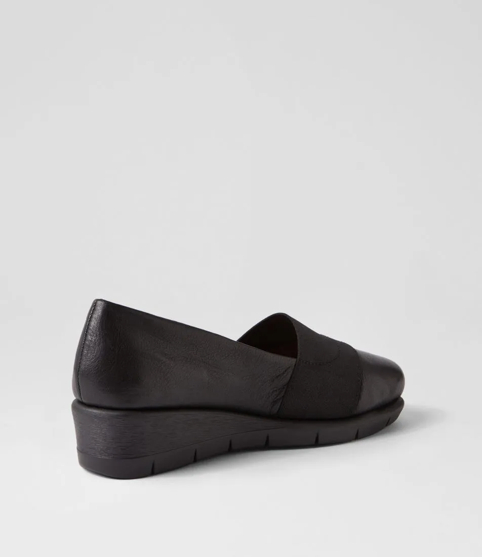 Black Leather Elastic Wedges