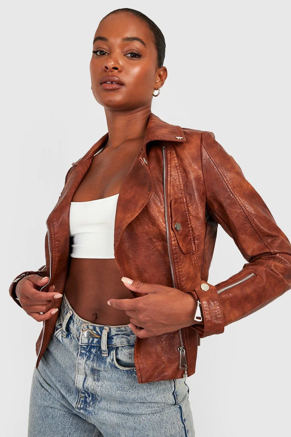 Tall Belt Detail Faux Leather Moto Jacket