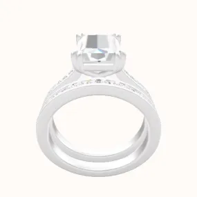 Tapered Channel Set Engagement Ring With Double Prongs Head and Matching Band