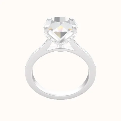 Tapered Channel Set Engagement Ring With Pave Petal Four Prong Head