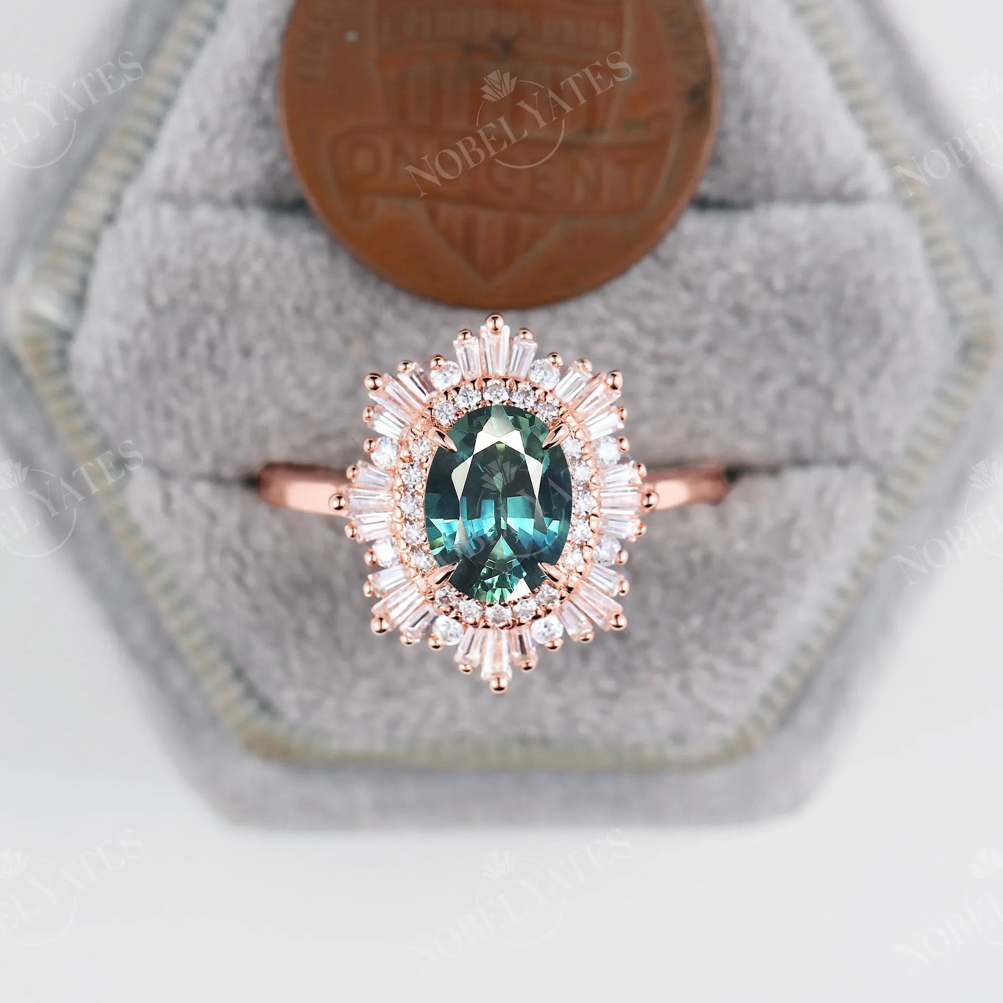 Teal Sapphire Claw Prong Set Art Deco Engagement Ring Double Halo Rose Gold