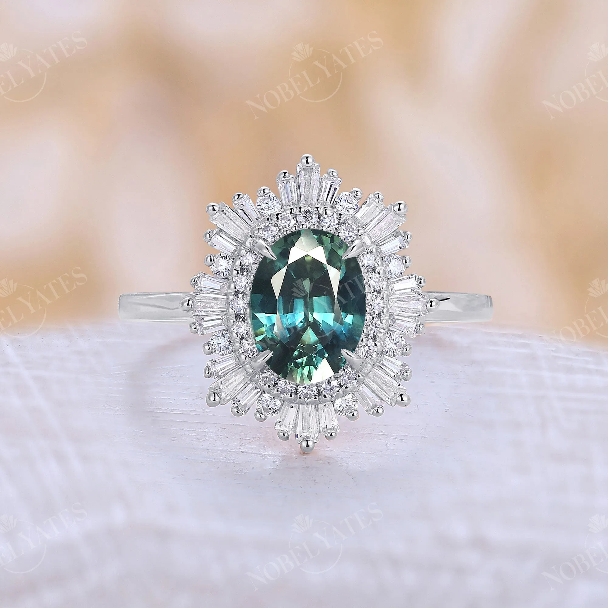 Teal Sapphire Claw Prong Set Art Deco Engagement Ring Double Halo Rose Gold