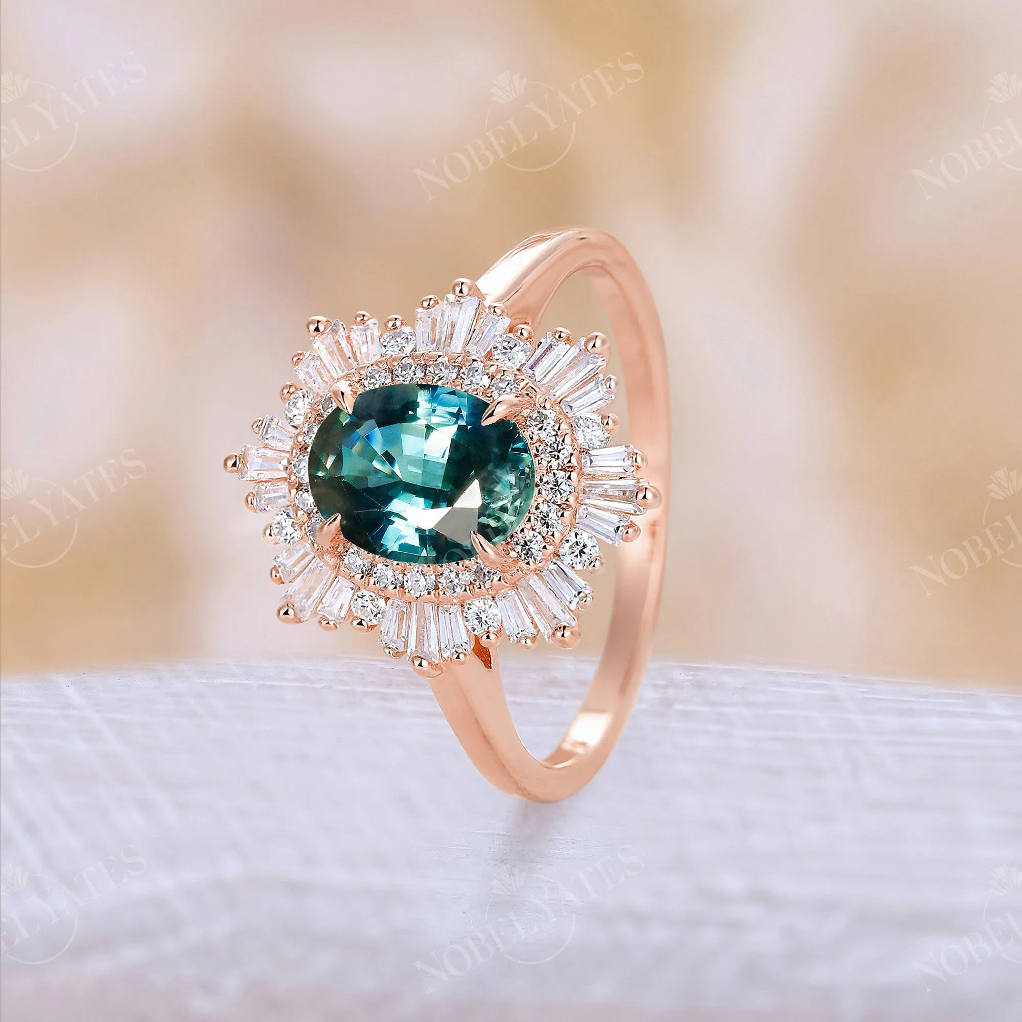 Teal Sapphire Claw Prong Set Art Deco Engagement Ring Double Halo Rose Gold