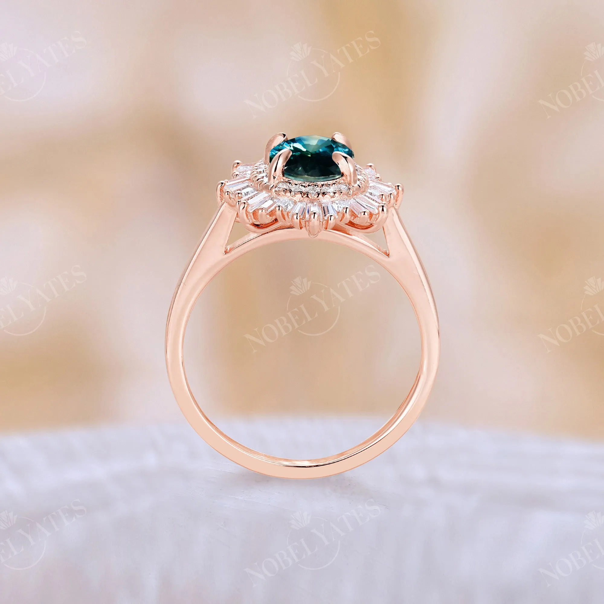 Teal Sapphire Claw Prong Set Art Deco Engagement Ring Double Halo Rose Gold