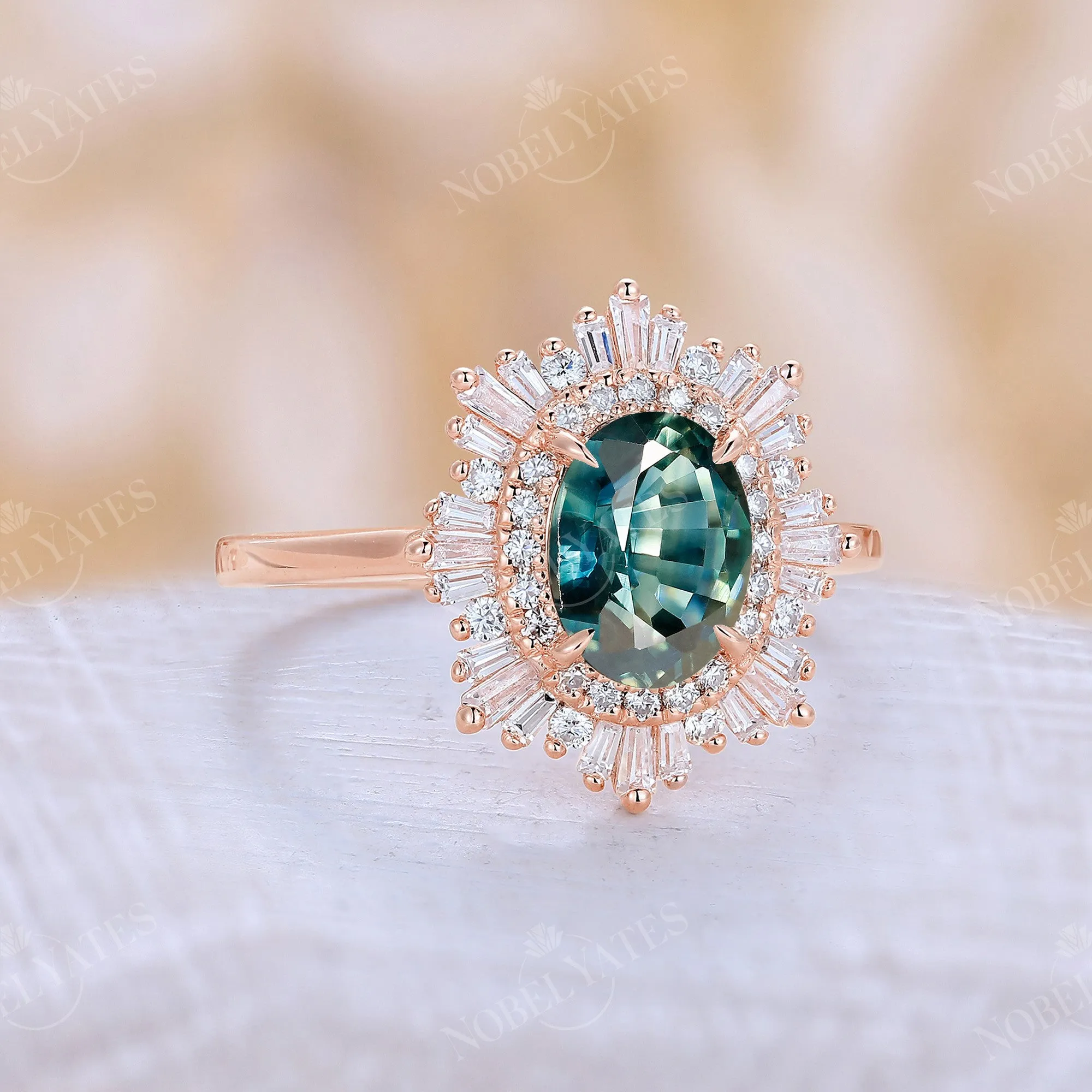 Teal Sapphire Claw Prong Set Art Deco Engagement Ring Double Halo Rose Gold