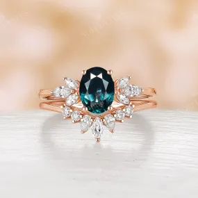 Teal Sapphire Engagement Ring Set Marquise Moissanite Rose Gold