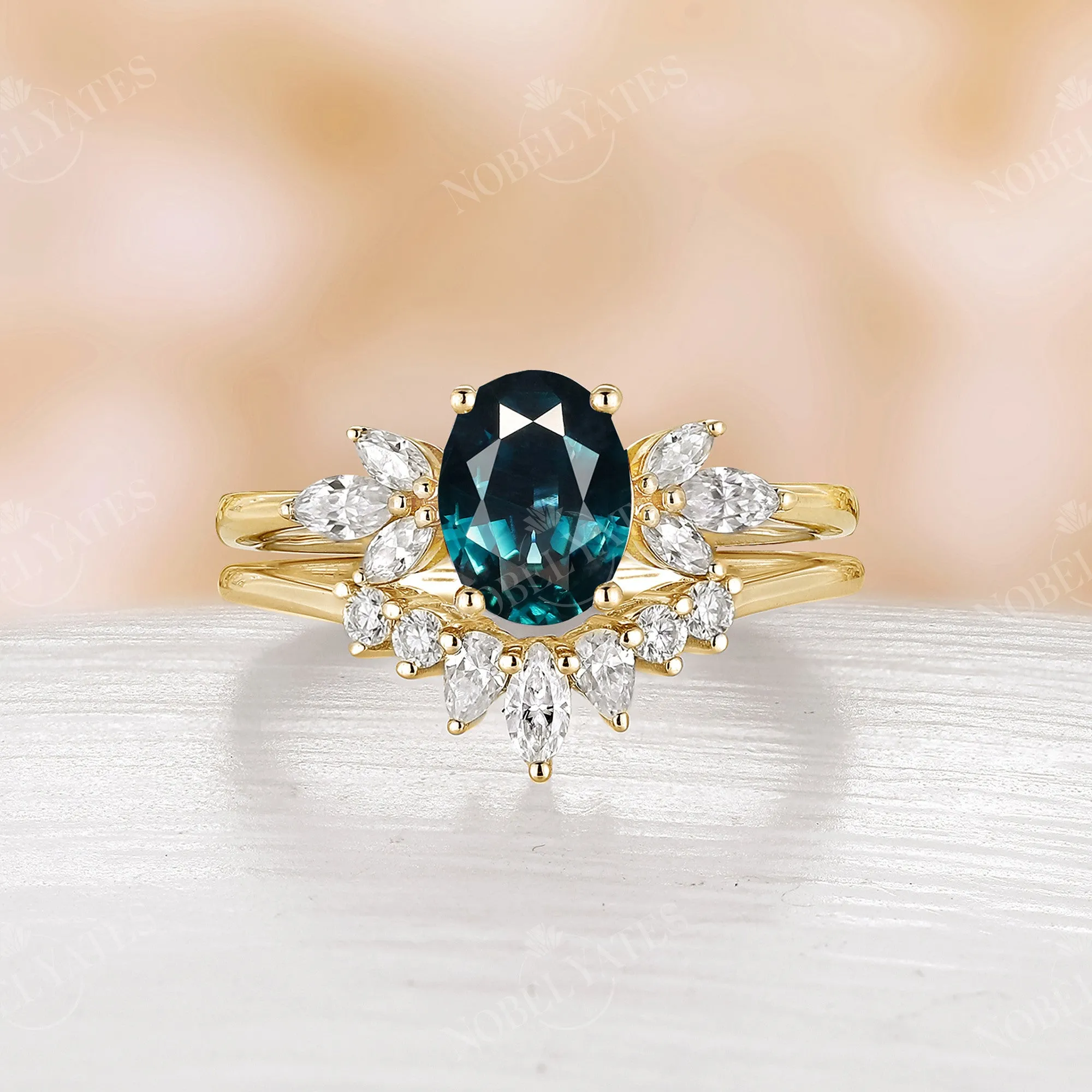 Teal Sapphire Engagement Ring Set Marquise Moissanite Rose Gold