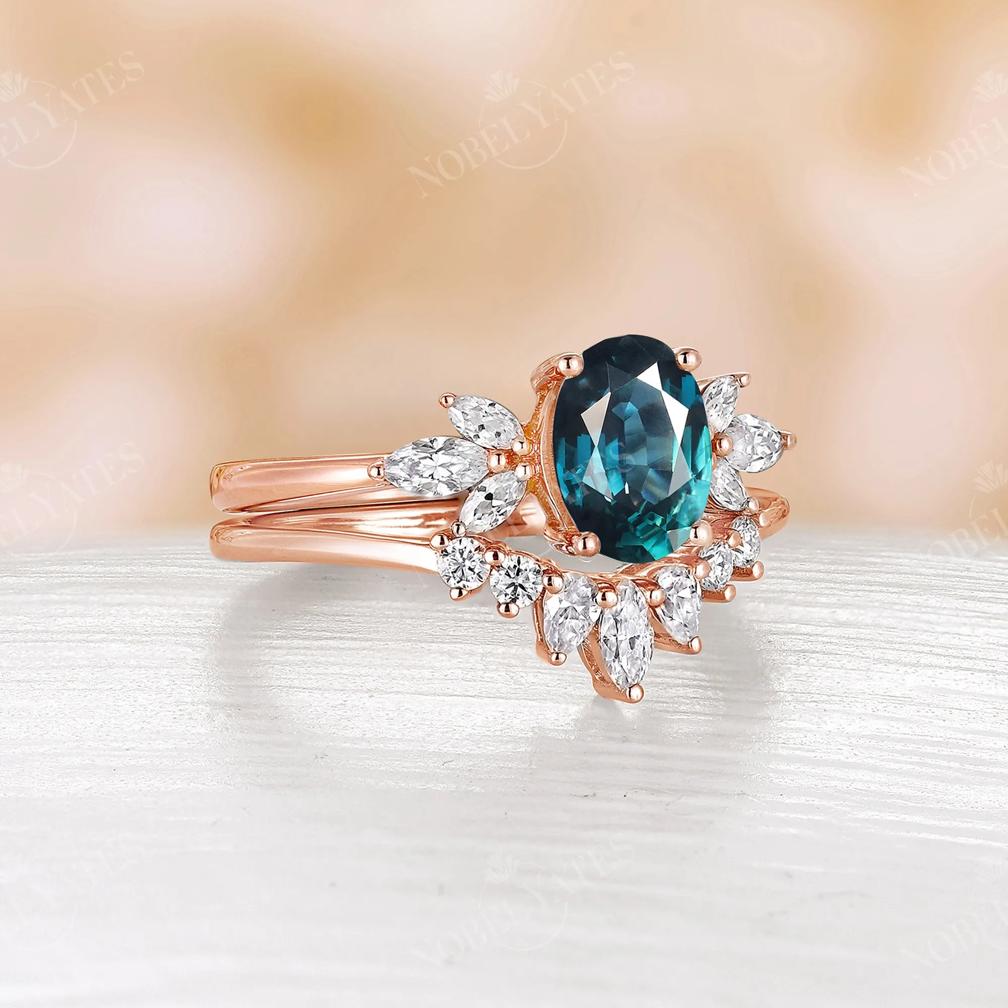 Teal Sapphire Engagement Ring Set Marquise Moissanite Rose Gold