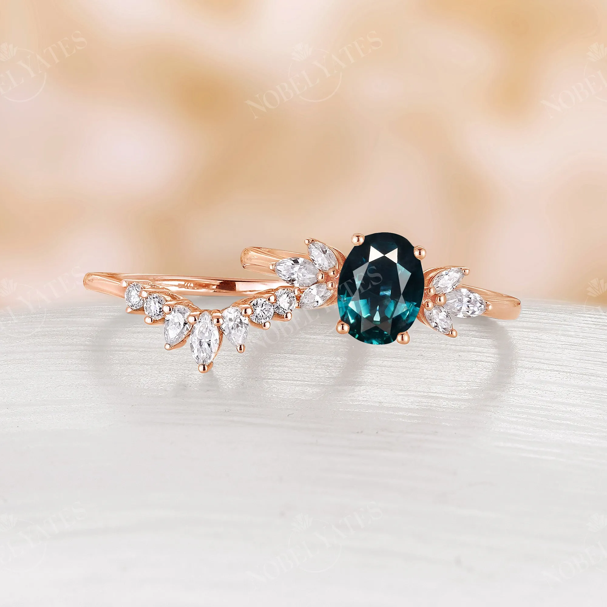 Teal Sapphire Engagement Ring Set Marquise Moissanite Rose Gold