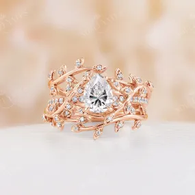 Teardrop Moissanite Nature Inspired Branch Leaf Bridal Set Rose Gold